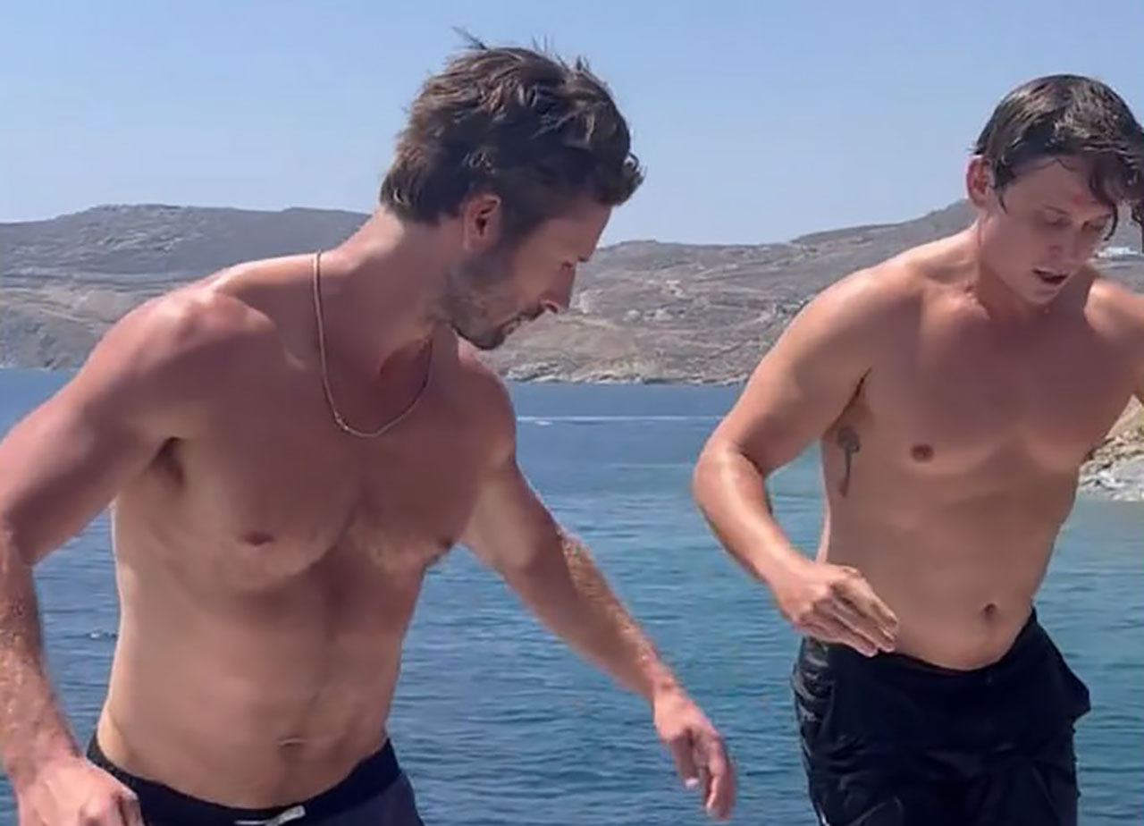 Glen Powell & Billy Magnussen have fun on the boat