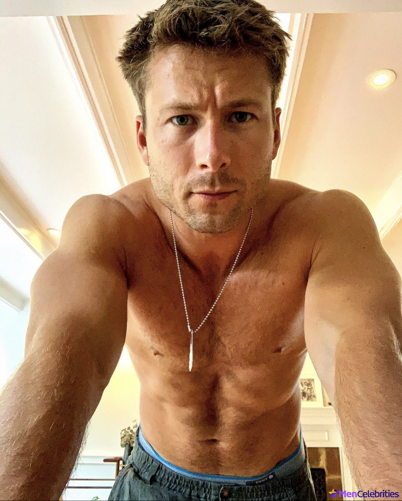 Glen Powell Shirtless and His Canine Co-Star