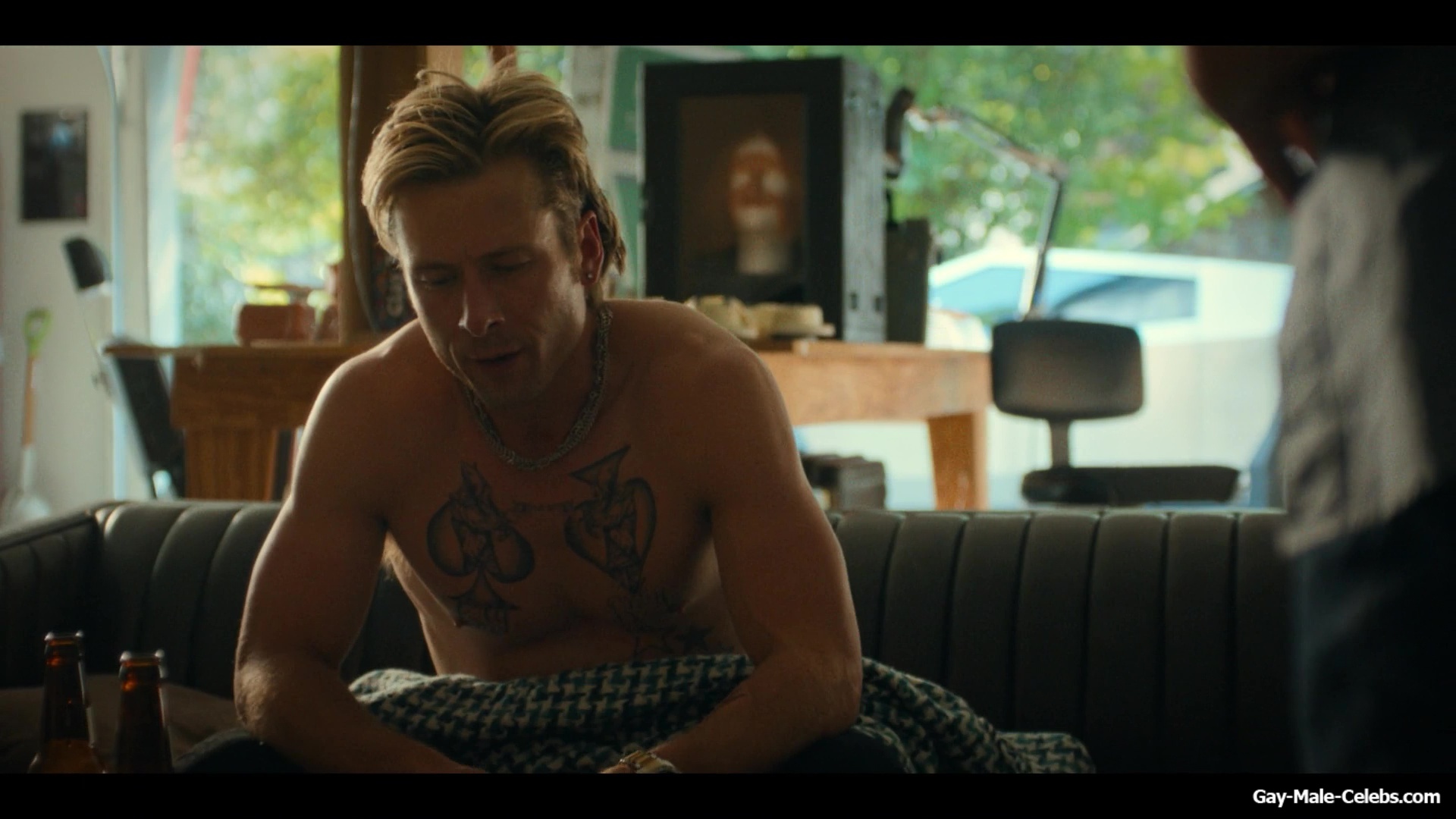 Glen Powell shirtless in Chad Powers