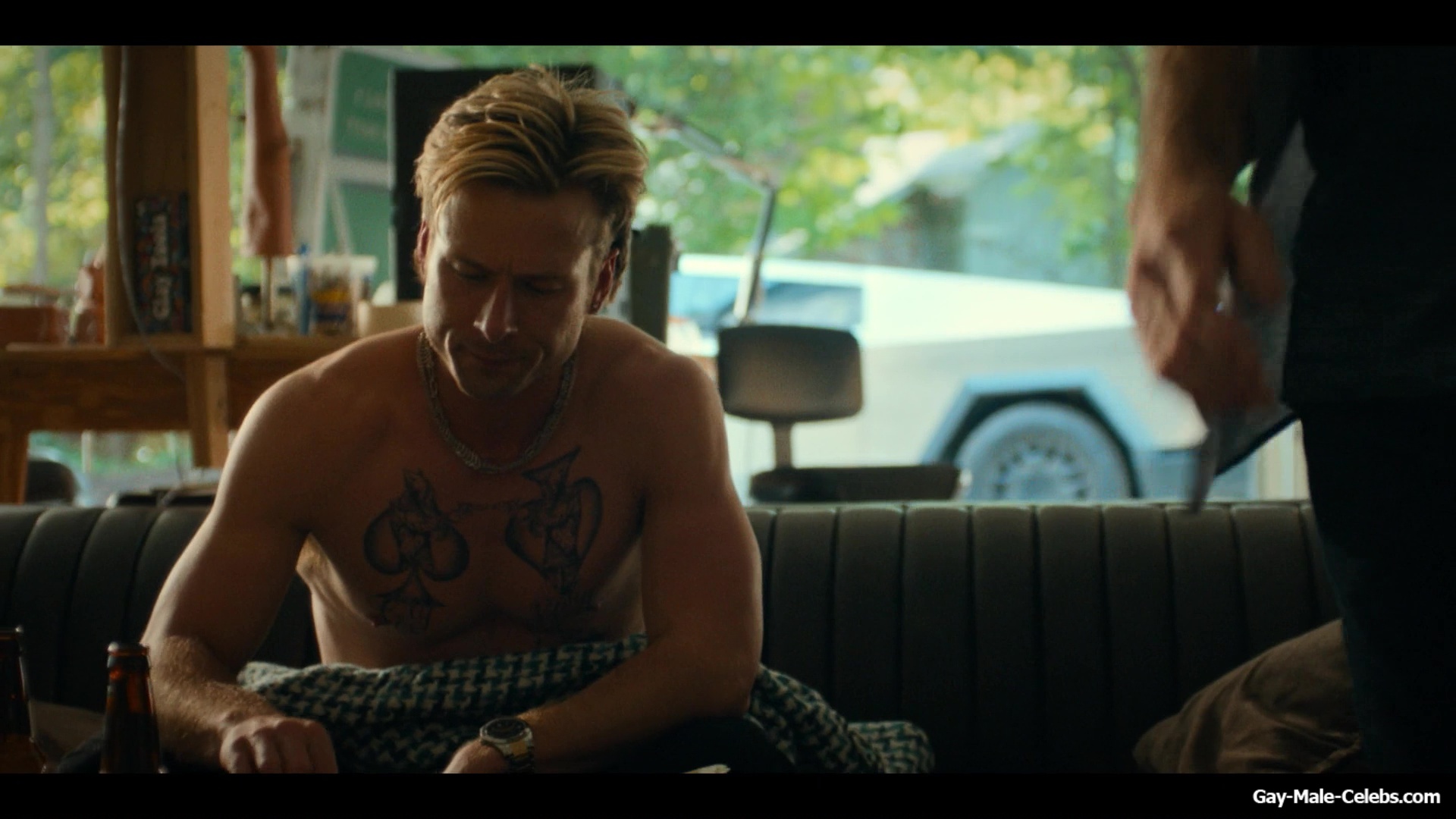 Glen Powell shirtless in Chad Powers