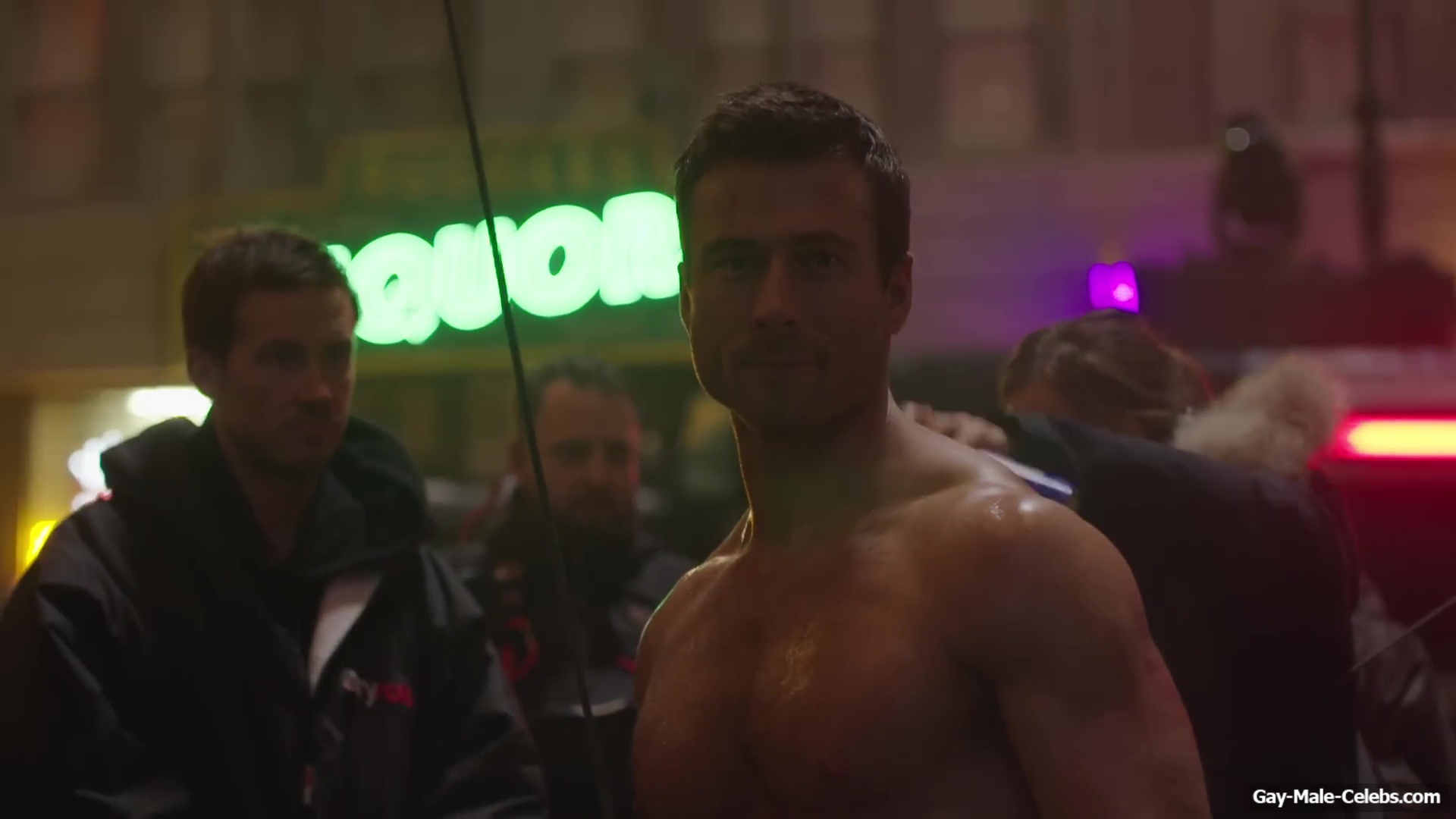 Glen Powell nude in The Running Man BTS