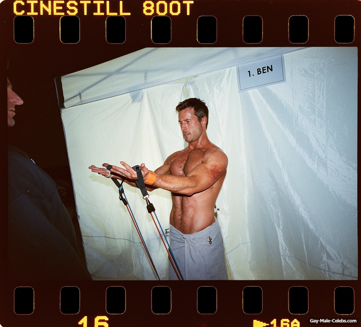 Glen Powell nude in The Running Man BTS