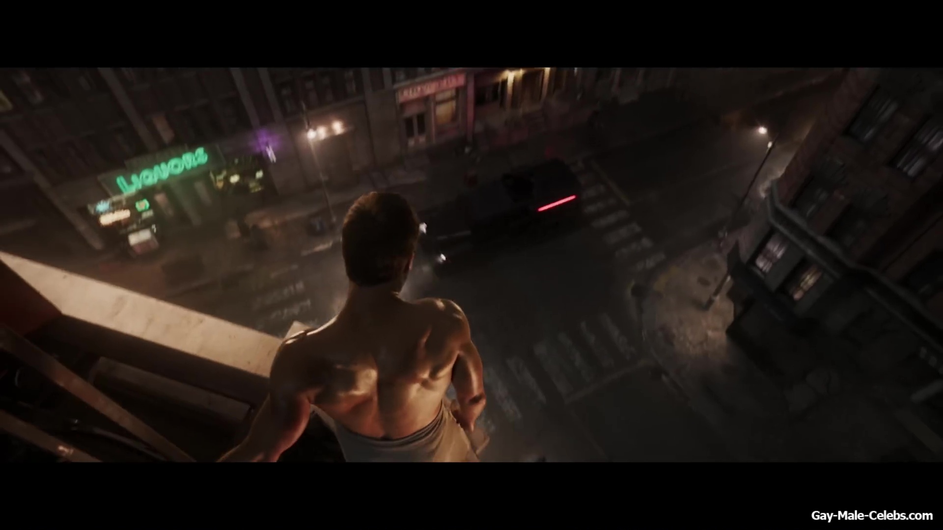 Glen Powell nude in The Running Man BTS