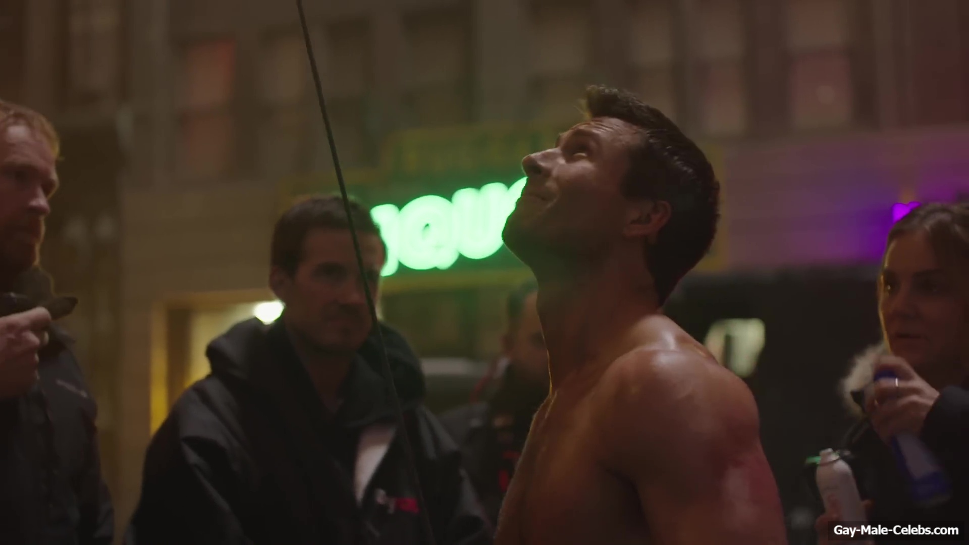 Glen Powell nude in The Running Man BTS