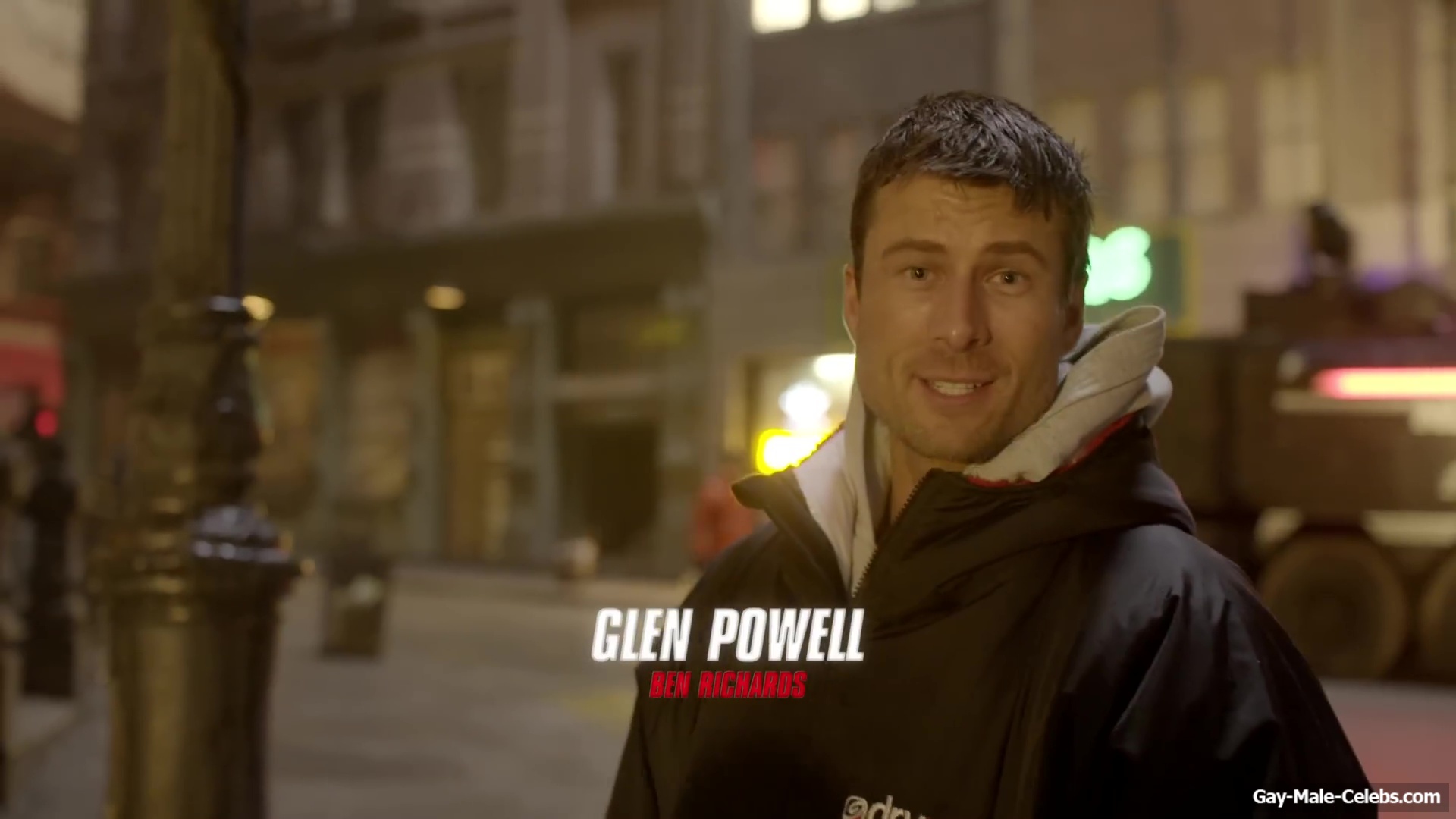 Glen Powell nude in The Running Man BTS