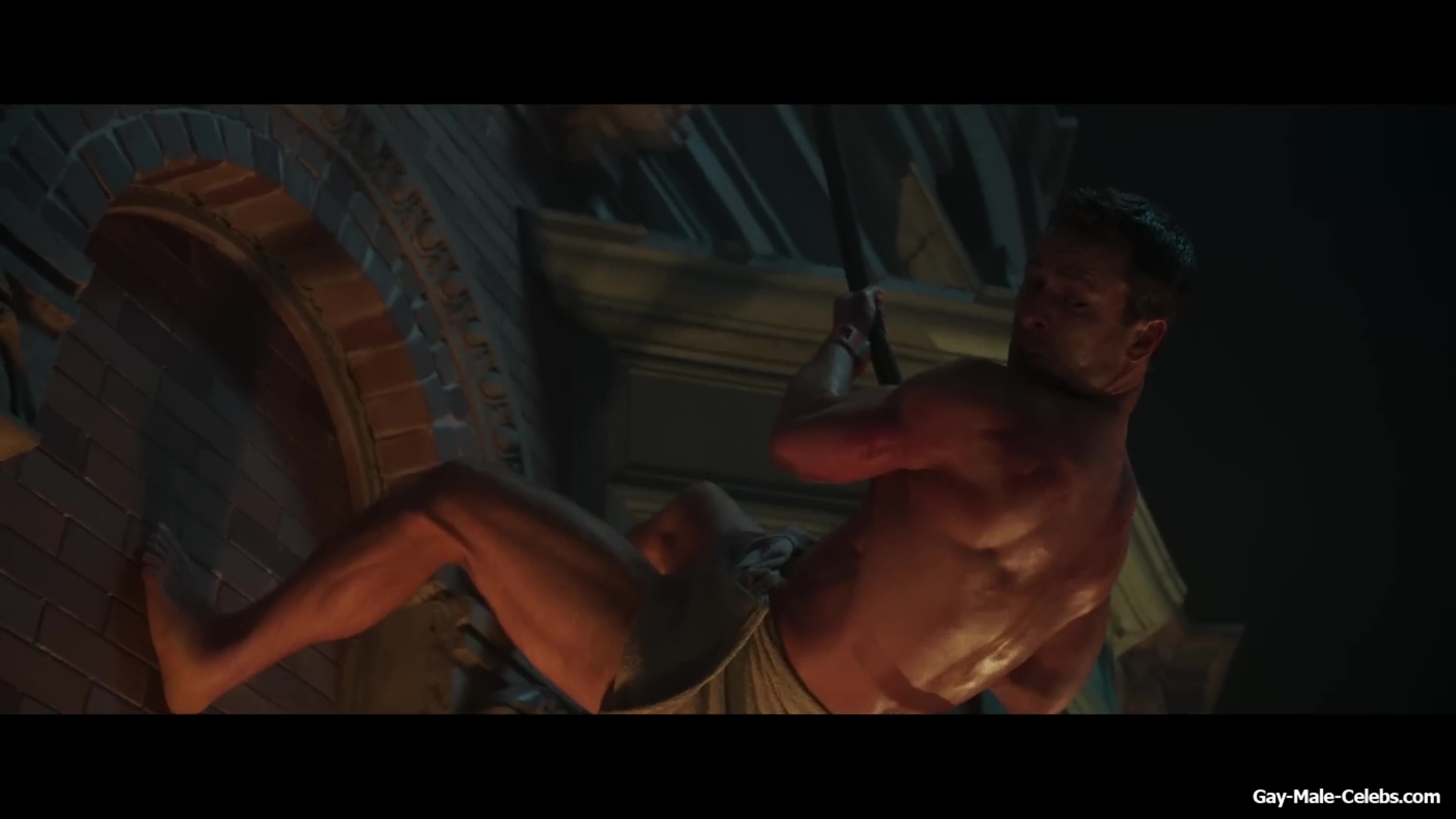 Glen Powell nude in The Running Man BTS