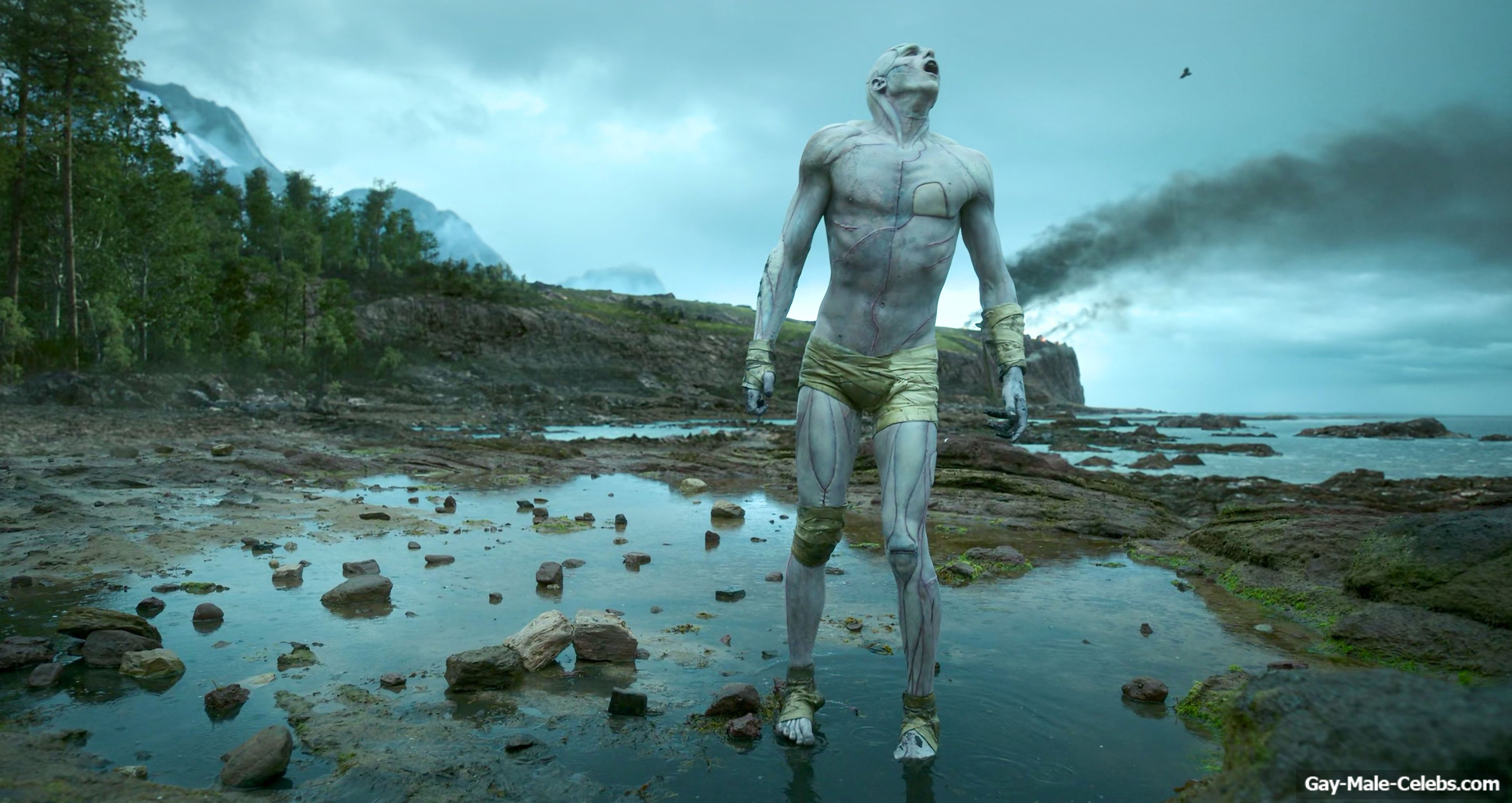 Jacob Elordi shirtless in Frankenstein