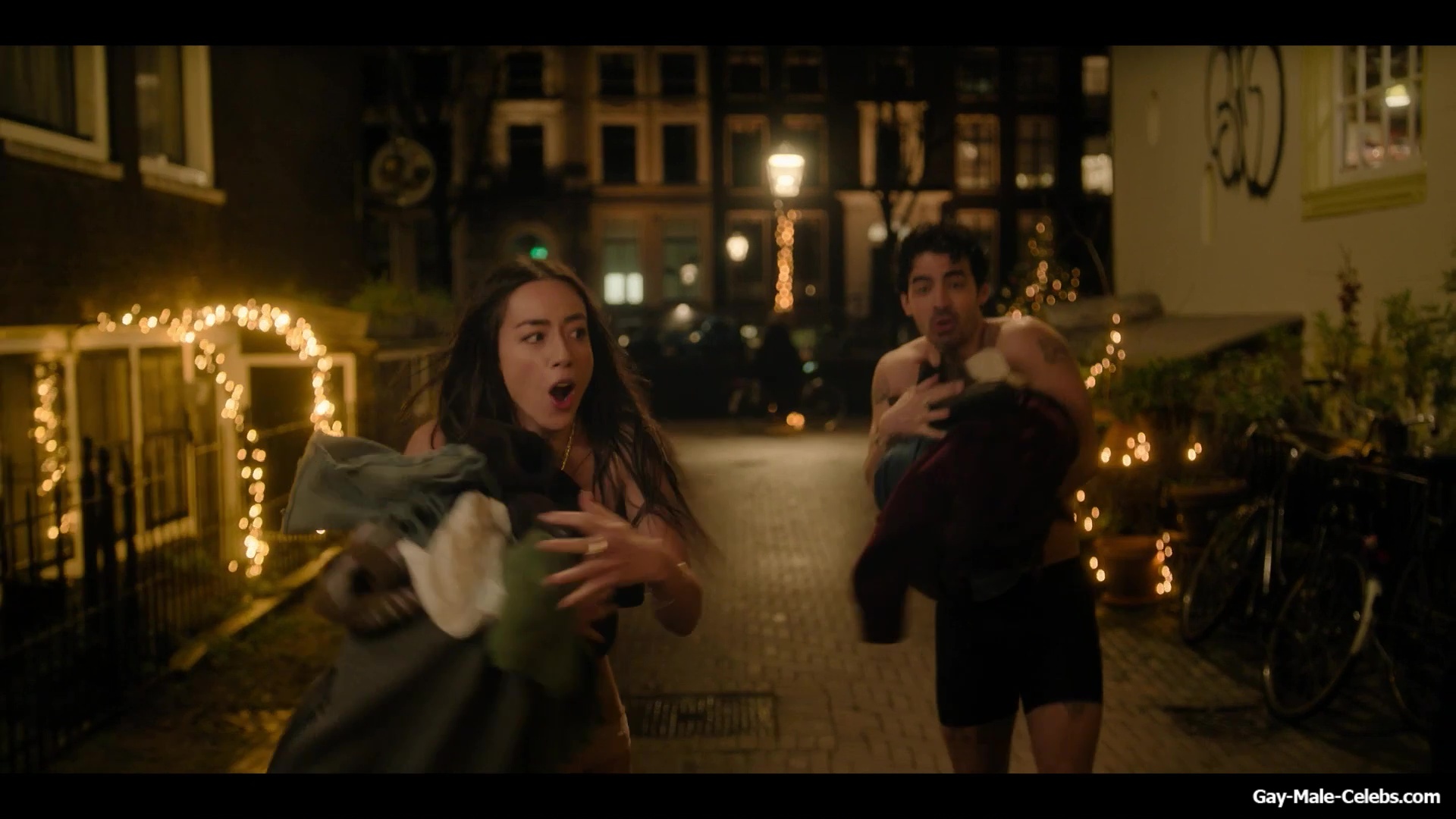 Joe Jonas shirtless in A Very Jonas Christmas Movie