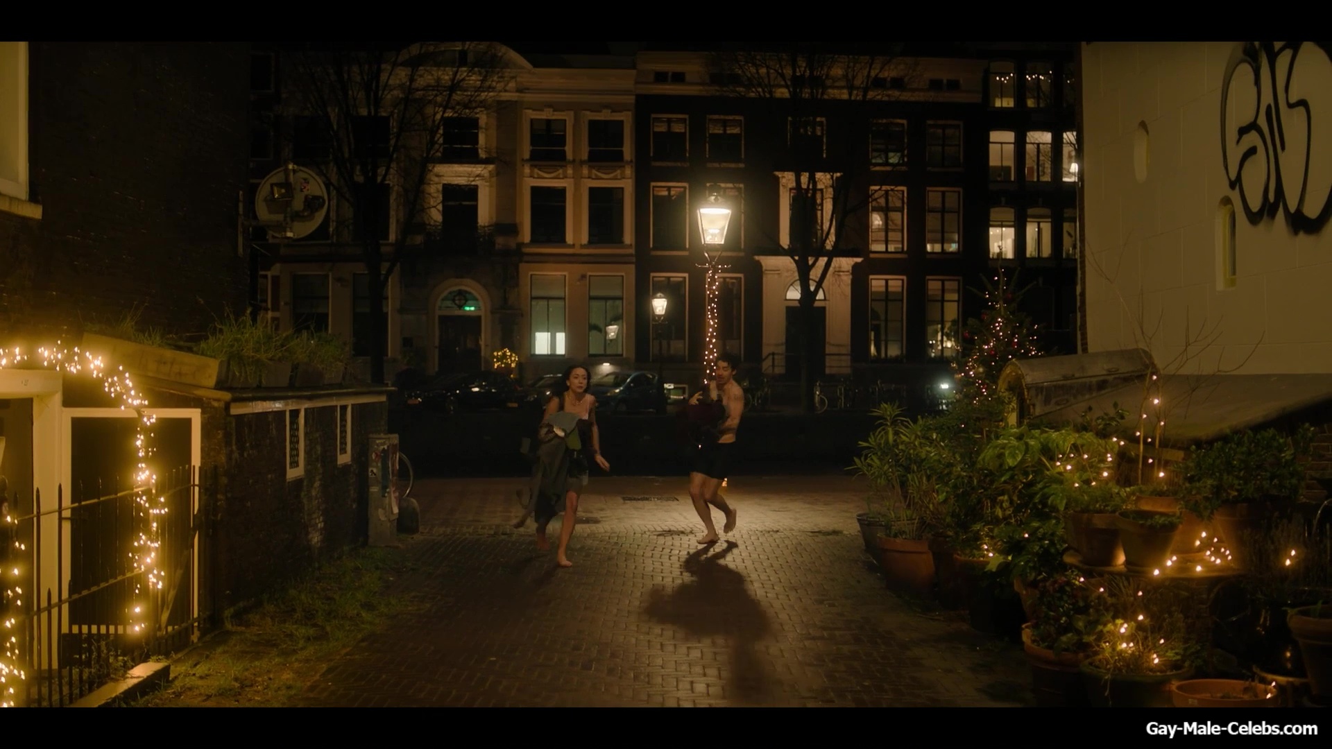 Joe Jonas shirtless in A Very Jonas Christmas Movie