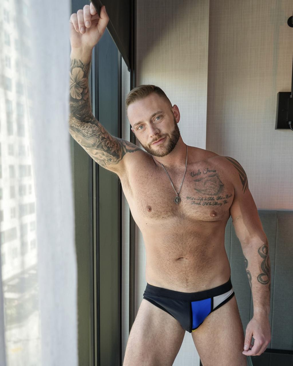 Brett Banks: The Tattooed, Hairy, Hung Stud Flexing Naked in His Hotel Room