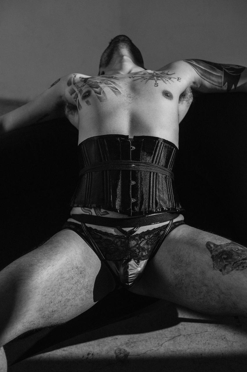 Jagger Zaas, brunette in black corset