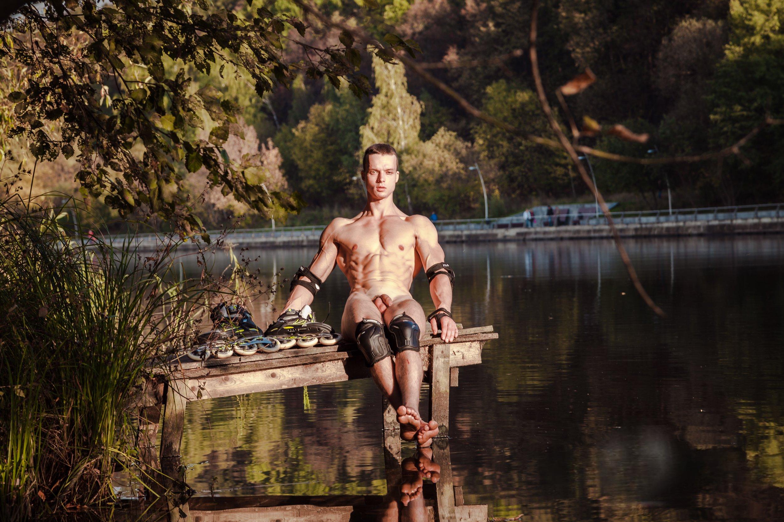 Man on Rollerblades Posing Nude