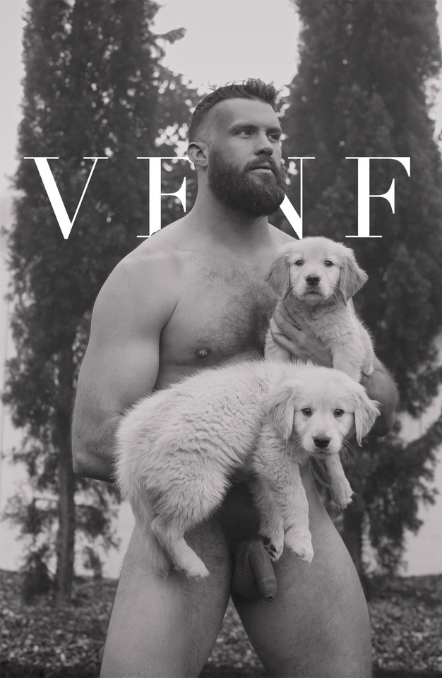 The handsome bearded male Bruin Collinsworth and two puppies