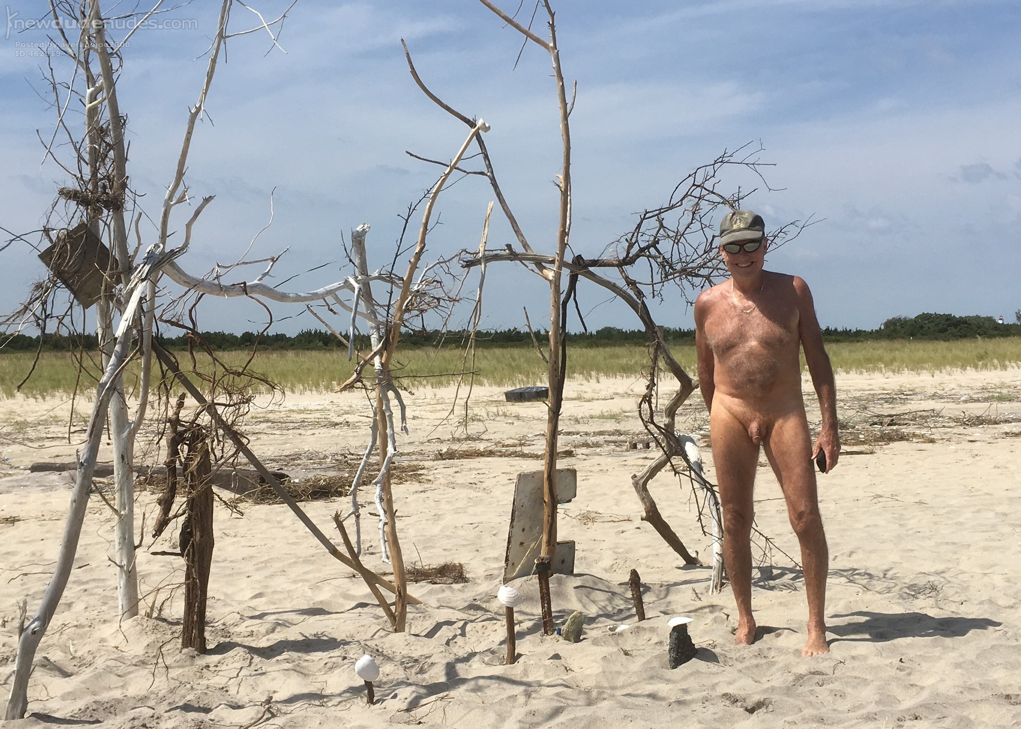 At my favorite nude beach this weekend, November 2 yes there is some shrinkage going on. Just like a perfect summer day, 79° with a light wind. Met up with some old friends and found this piece of art to take a picture with.