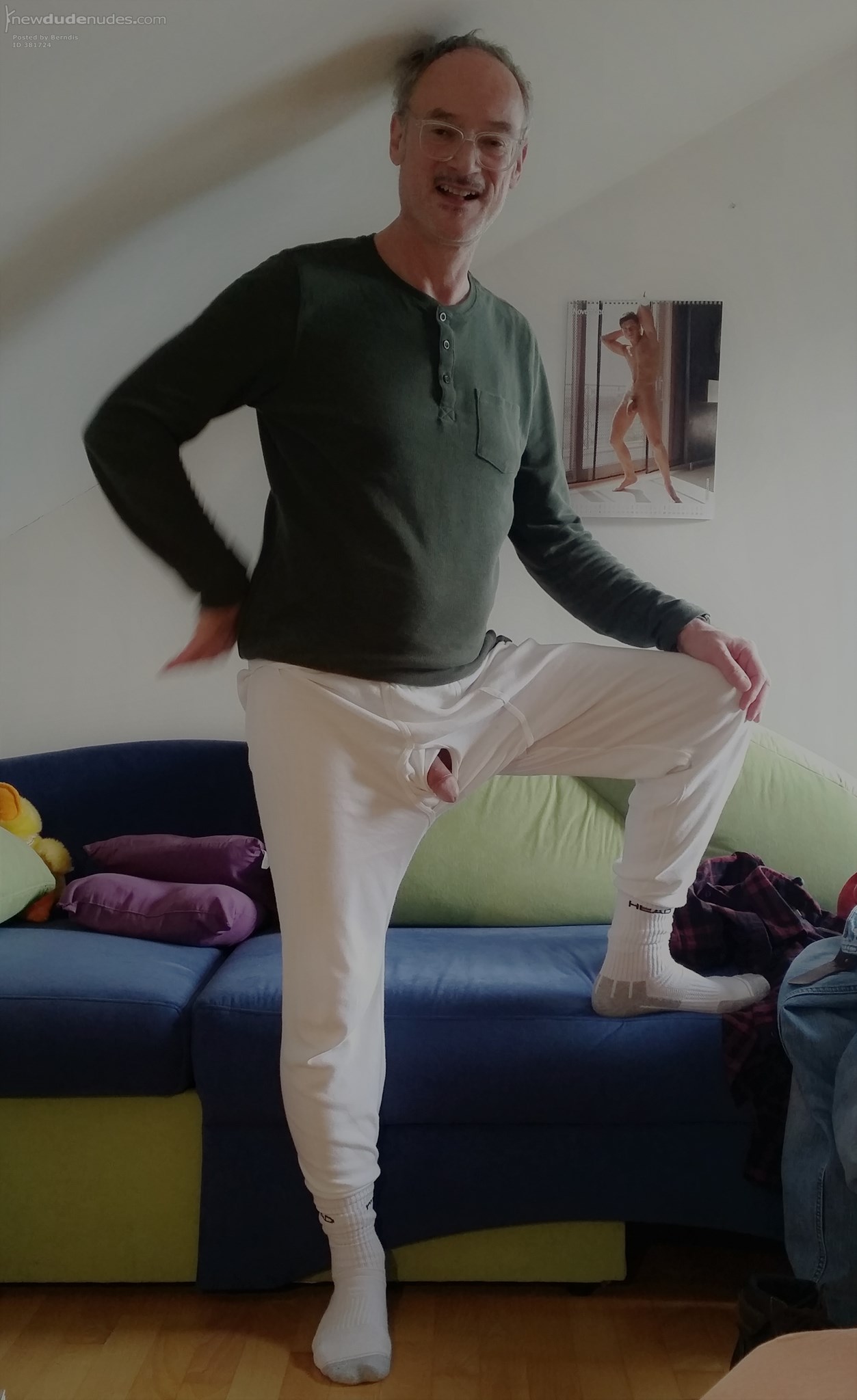 Penis out off my white long Johns underwear (lange Unterhosen), wearing white socks: and always showing my face) (Berndis, 2021.11)
