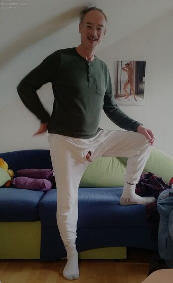 Penis out off my white long Johns underwear (lange Unterhosen), wearing white socks: and always showing my face) (Berndis, 2021.11)