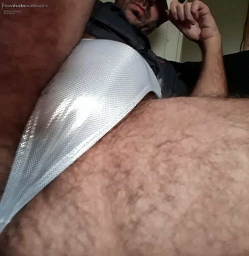 Wearing my flat mates thong that I found in his room.