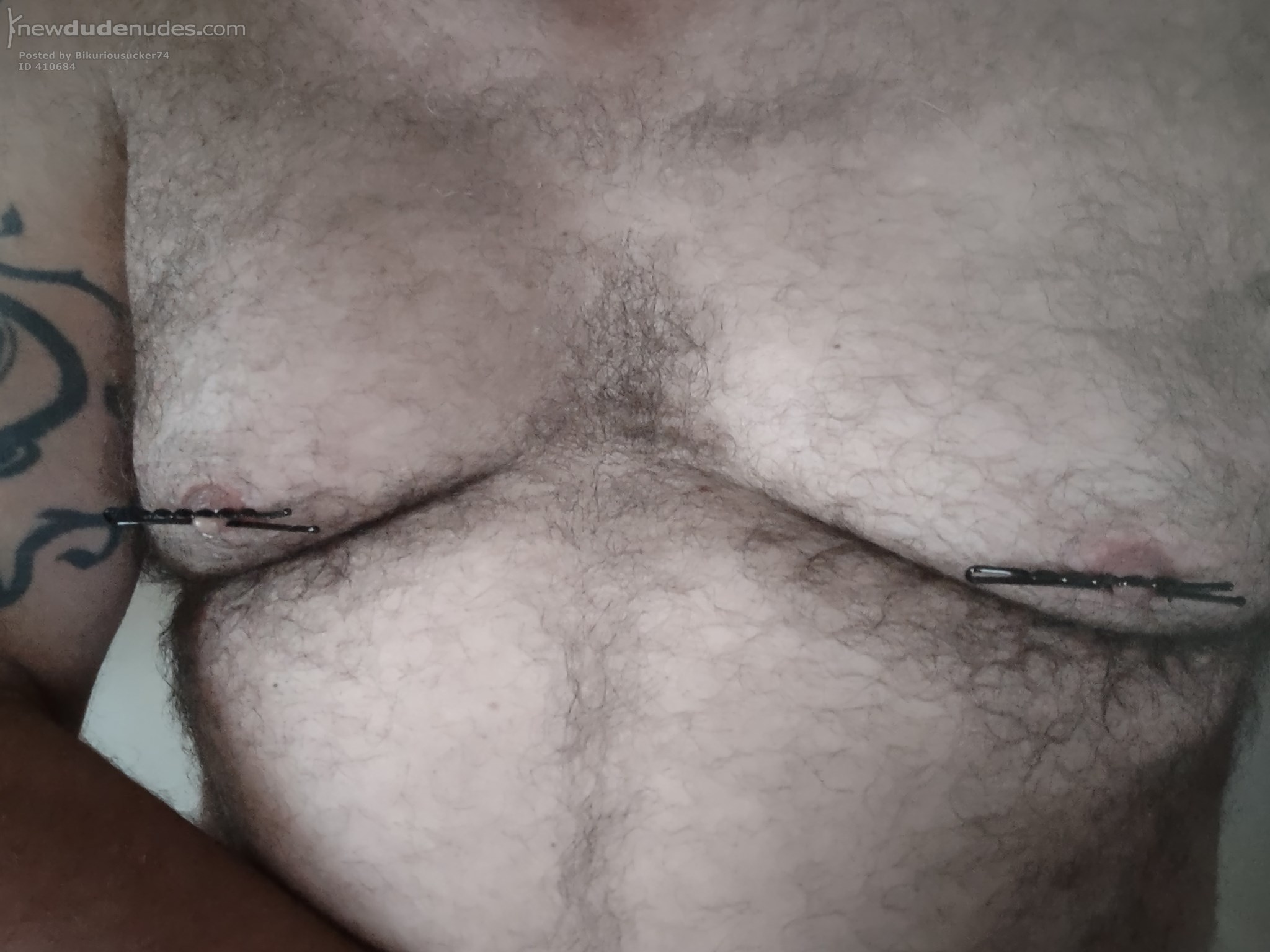 Pre cum covered, clipped nipples