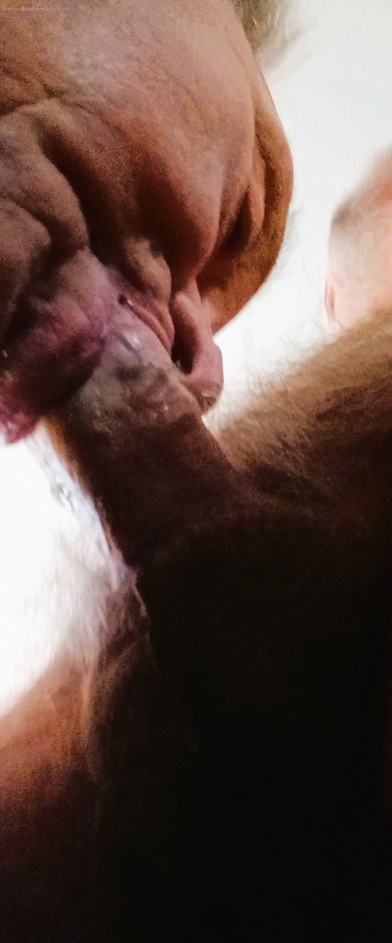 At the moment of orgasm. My spasming cock is beginning to spurt, hot, creamy CUM into my buddy's mouth.