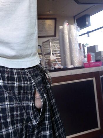 Accidental exposure at the coffee shop. My roommate doesn't tell me that my dick is popping out for all to see until after he takes a pic.